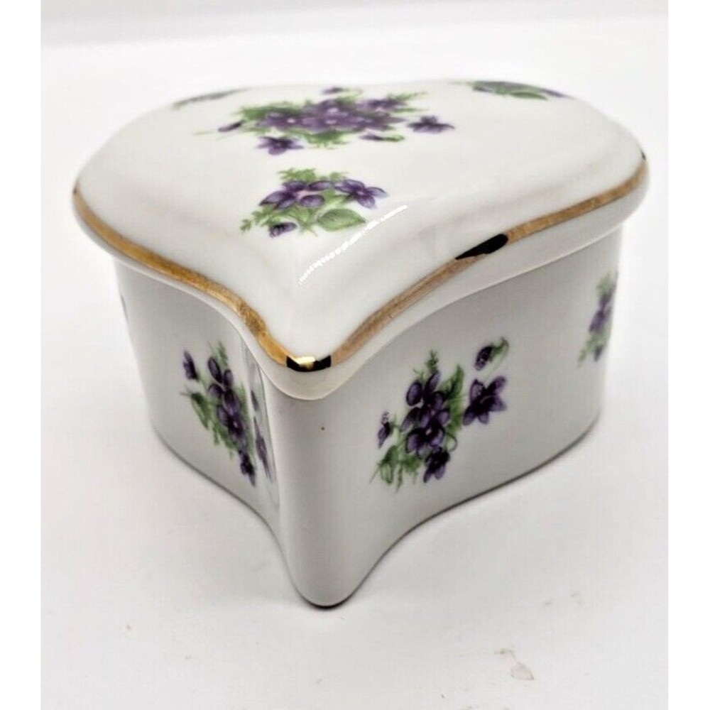 Lefton China Porcelain Heart Shaped Trinket Box Violets Gold Trim Vintage Japan
